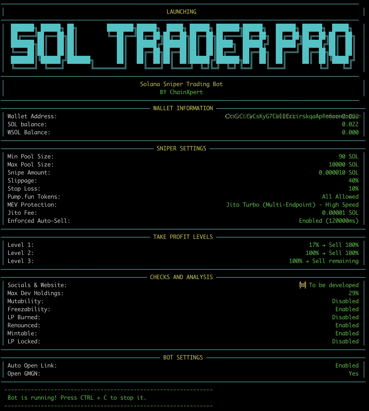 Solana Sniper Bot Dashboard Preview
